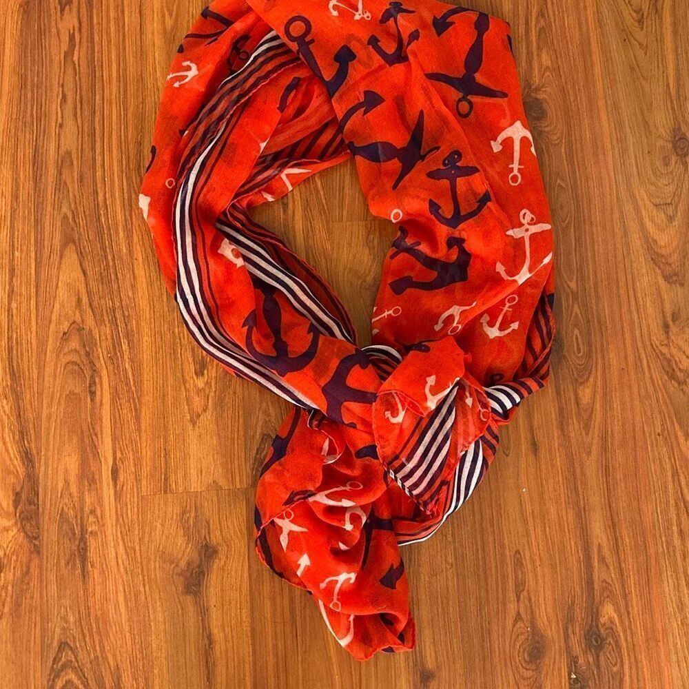 Twos company red white and blue anchor semi sheer large scarf shawl sarong/scarf - Picture 4 of 4